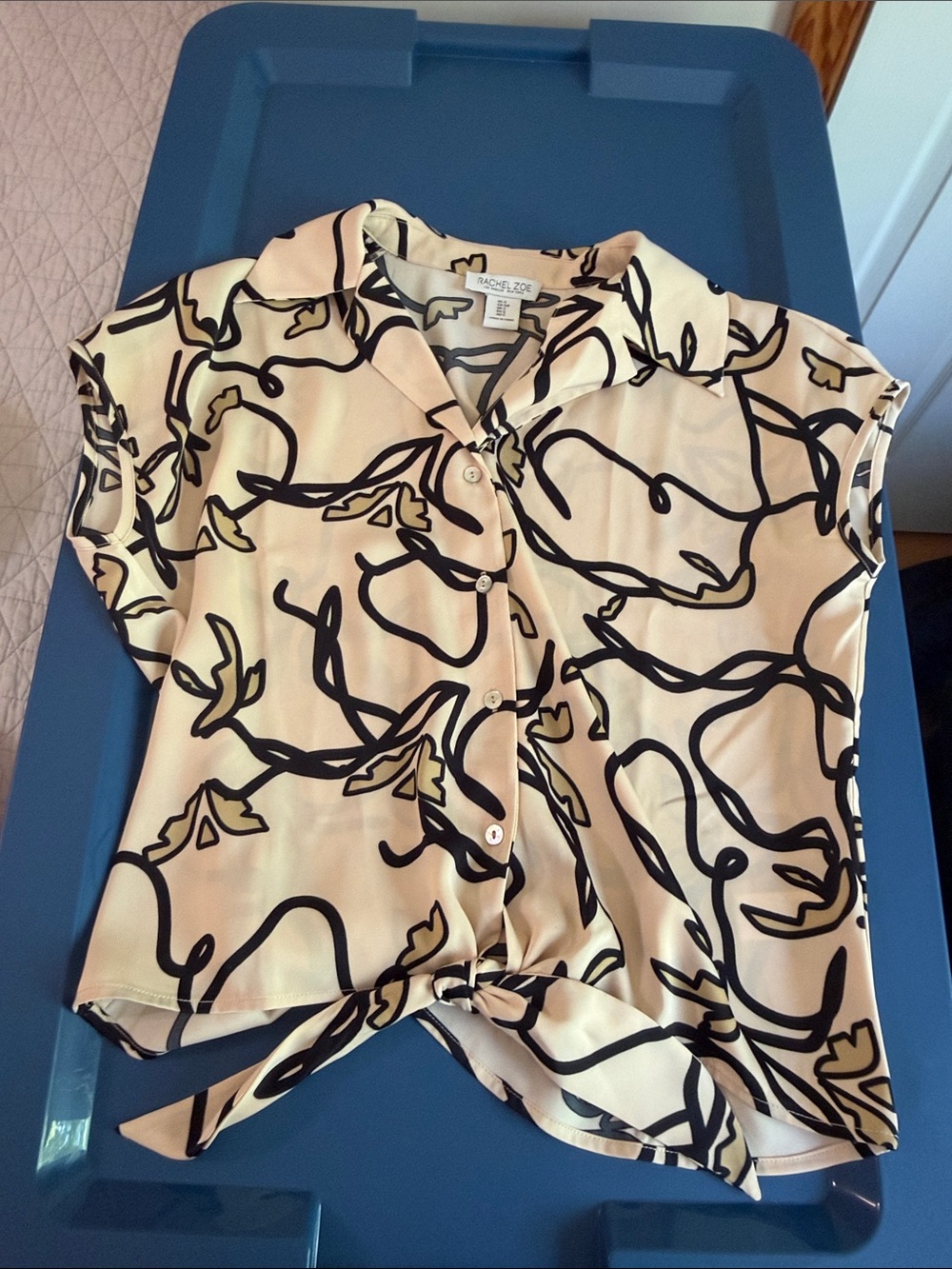 Rachel Zoe Tan and Black Abstract Tie-Front Button Down Blouse